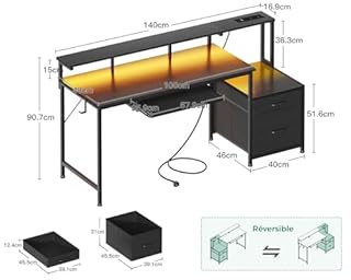 Coleshome Bureau Gaming avec LED, 140x48cm Bureau avec Tiroirs en Tissu Table Gaming avec Prises de Courant, Table Informatique avec Rangement pour Domicile, Noir