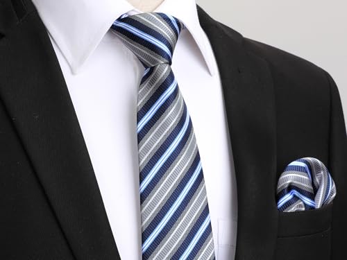 Image of HISDERN Mens Striped Ties Classic Silk Woven Tie and Pocket Square Set Formal Business Necktie Handkerchief for Wedding