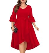 Plus Size Wedding Guest Dress - Semi Formal Double Bell Sleeve V Neck High Low Split Ruffle Cockt...