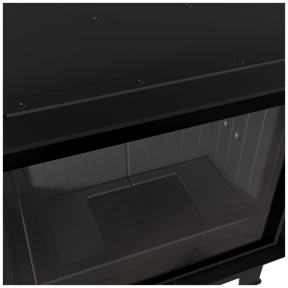 KRATKI Inserto per camino in acciaio a legna FLOKI 10 kW Ø200 sinistro A+ | Acciaio nero, efficienza 83,6%, classe A+. Ecodesign, BImSchV 2; per recupero calore.; combustione efficiente; Livello 2