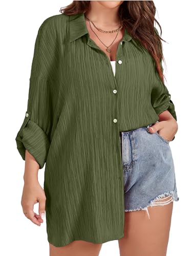 SCOMCHIC Women Plus Size Button Down Shirts Long Roll Up Sleeve V Neck Collared Casual Blouses Oversized Shirt Tops ArmyGreen