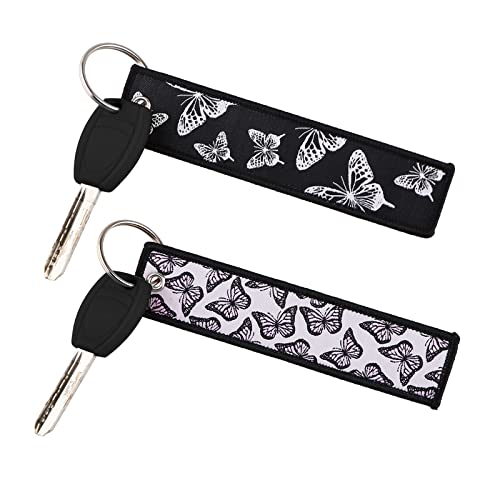 beemorita Cute Keychain Jet Tag for Car Keys Motorcycle Scooter Cool Goth Car Key Chains Ring for Women Girls, Butterfly(2pcs Black & Purple)