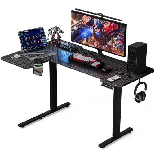 Image of Acrolix L Shaped Electric Standing Desk - 43x31.5 Inch Reversible Corner Sit Stand Desk with Hook&Cup Holder,Electric Height Adjustable Table,for Small Home Office&Bedroom Computer Desk, Black Carbon