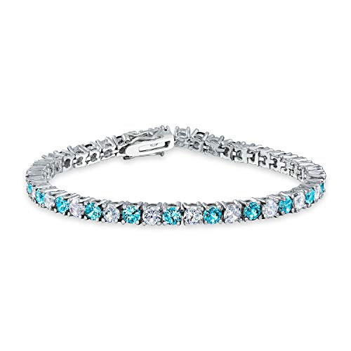 London Blue White Alternating Simulated Blue Topaz Round Cubic Zirconia 12.00 CT 4 Prong Basket Set Solitaire AAA CZ Tennis Bracelet For Women Prom Bride Silver Plated 7.5 Inch