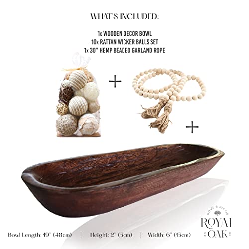 Decorative Wooden Dough Bowl - Royal Oak 3-For-1 Bundle With Garland Beads & Wicker Balls - 19" Long Wood Bowls For Decor - Home Dining Table Decor Bowl - Farmhouse Wooden Centrepiece #TOP2