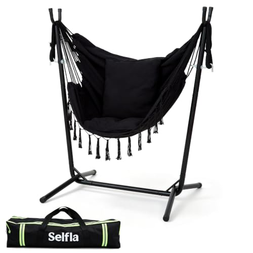 SELFLA Portable Hammock Chair with Stand, Lightweight Travel Hammock Chair with Stand for Outside, 300 lbs Capacity, for Camping, Travel, Patio & Indoor Use, No Tools Needed, Includes Carrying Case