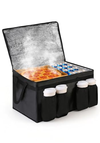 Bodaon Insulated Grocery Bags with 4 Cup Holders -Insulated Bags for Food Delivery with Zippered Top, Food Carrier for Catering, Pizza Bag and Cooler Bag for Takeout, Picnic, Shopping, Car Use