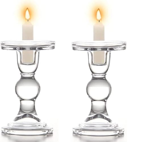 Huiyiwert Lot de 2 bougeoirs piliers modernes en verre transparent pour mariage, fête, Noël, table à manger (14 cm de hauteur)