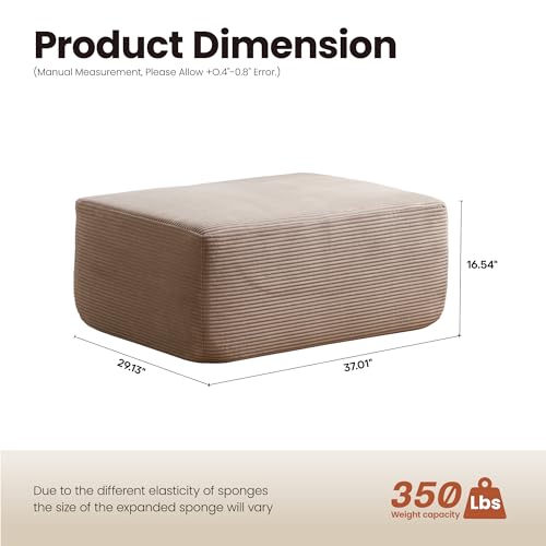 Image of ovios 37 inch Corduroy Ottoman, Upholstered Cloud Ottoman for Boneless Couch in a Box, Modular Sectional Couches for Living Room Bedroom, Compressed Memory Foam, No Assembly Require, Beige