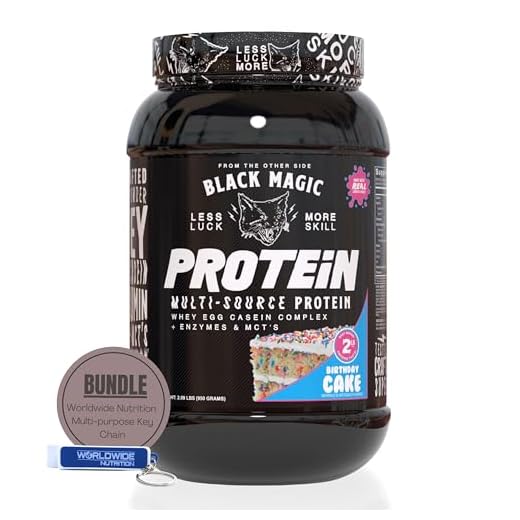Black Magic Multi-Source Casein Protein Powder - Whey, Egg Albumin Enzymes, Micellar Casein & MCTs - Muscle Mass Gaining - Bodybuilding - Birthday Cake Flavor - 2 LB w Worldwide Nutrition Keychain