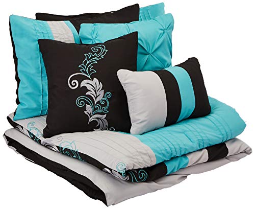 Chezmoi Collection Napa 7-Piece Luxury Leaves Scroll Embroidery Bedding Comforter Set (Queen, Teal/Gray/Black)