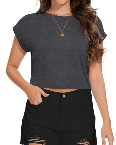 Image of Womens Crop Tops Summer Roll Cap Sleeve Cropped Tshirt Loose Fit Basic Tees