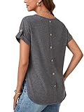 KIFOVEN Women’s Summer Tops Short Sleeve Side Split Tunic T Shirt Crew Neck Button Loose Casual Tees Dark Gray Small
