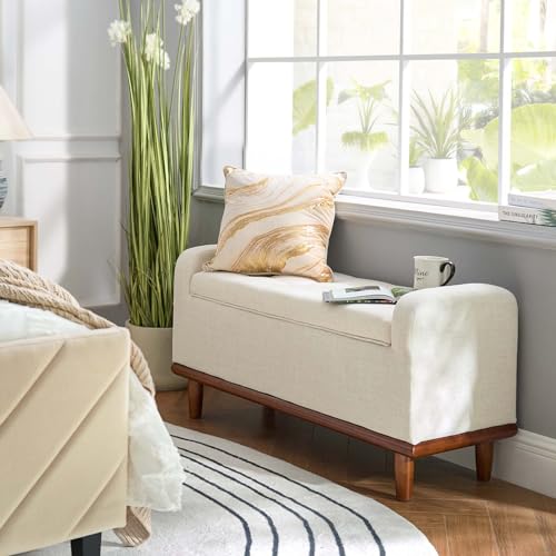 HULALA HOME Storage Ottoman with Arms & Wooden Legs, Button Tufted Bedroom Bench for End of Bed, Upholstered Accent Bench for Entryway Living Dining Room, IVORY