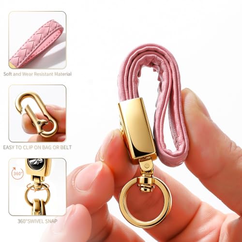 Image of Gkeygo Carabiner Keychain, Universal Heavy Duty Woven Handmade Leather Key Chain, Car Fob Key Keychains with 360 Degree Rotatable Snap Swivel and Anti-Lost D-Ring for Men and Women,Light Gold - Pink