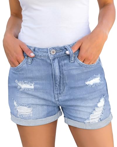 luvamia Women's Ripped High Waisted Denim Shorts Stretchy Cuffed Hem Jean Shorts