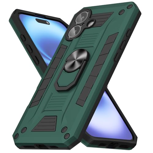 oakxco for iPhone 16 Case with Magnetic Ring Stand Holder, Rugged Grip Military-Grade Drop Proof Camera Protection Phone Case with Kickstand, Heavy Duty Hard Shell Cover for Men Women, Dark Green