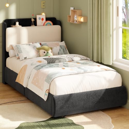 Image of Garvee Twin Size Bed Frame with Recessed Shelf for Kids- Black & Beige