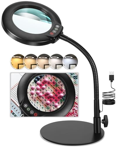 Veemagni 10X Lupe mit Licht und St&auml;nder, 5 Farbmodi stufenlos dimmbare LED beleuchtete Schreibtischlampe, H&auml;nde frei Flexible Schwanenhals Lupe mit Licht f&uuml;r Handwerk Hobby Malerei Schlie&szlig;en Arbeit