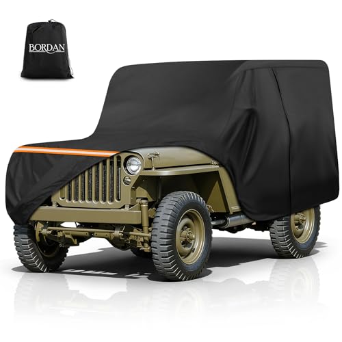 Image of Custom Fit Waterproof Car Cover for Jeep Willys MB & Ford GPW 1941-1945, 420D Oxford All Weather Protection Classic Car Covers with Reflective Strips, Zipper Door, Windproof Straps & Storage Bag