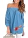 Womens Blue Jean Off Shoulder Floral Embroidery Loose Denim Top Shirt Blouse, Denim Blue, X - Large