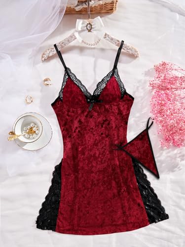 Image of Foxiny Sexy Split Side Floral Lace Trim Full Slip Night Gown Babydoll Lingerie Dress with Thong 2 piece