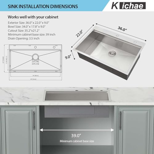 Image of Kichae 36 Inch Drop in Kitchen Sink - 36x22 Drop Sink 16 Gauge Stainless Steel Ledge Workstation Single Bowl Topmount Overmount Handmade Basin