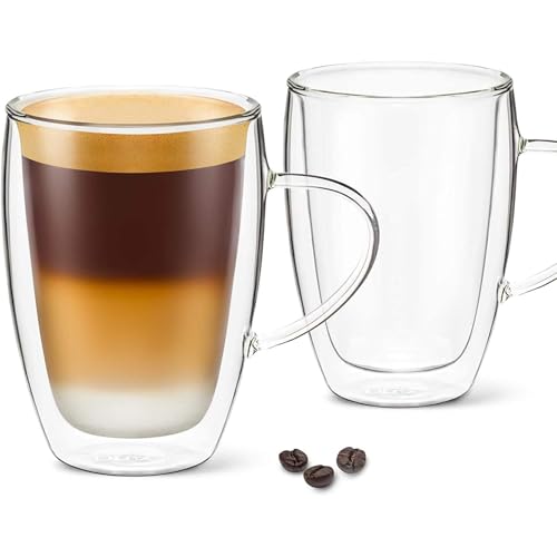 DLux Latte Coffee Mugs 350ml, 12oz Latte Clear Glass Set of 2 Cups with Handles, Double Wall Insulated Borosilicate Glassware Cup - Tea Glasses