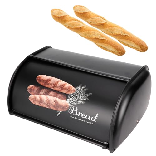Tissting Edelstahl Brotkasten 34 x 23 x 14,5 cm Große Brotbox mit Rolldeckel, Schwarz Modernes Minimalistisches Styling Metall Brotbehälter Rollbrotkasten für Brotaufbewahrung