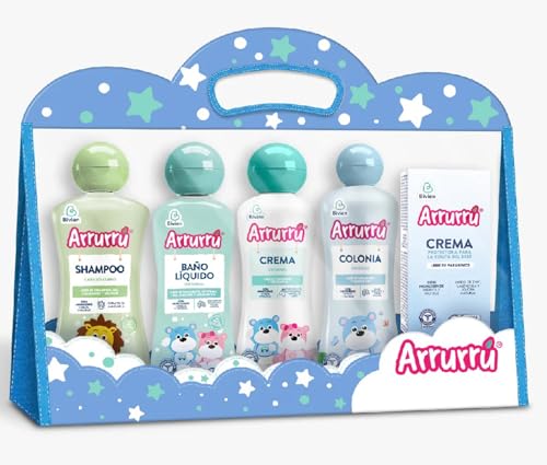 Arrurru Kit Abuelita Azul - Colonia Azul 220 ml - Shampoo Cabello Claro 220 ml - Baño Líquido 220 ml - Crema Original 220 ml - Crema Protectora para la Colita del bebé 60 gr.