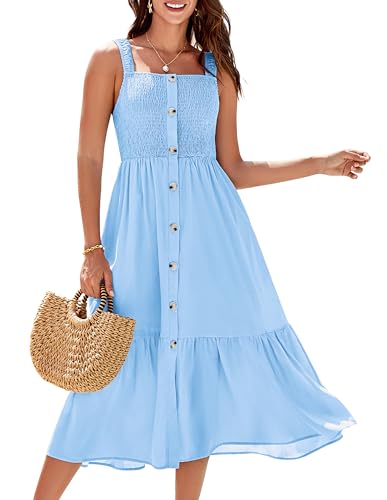 GRACE KARIN Womens Summer 2025 Midi Dress Spaghetti Strap Smocked Button Casual A Line Long Beach Flowy Sun Dresses Pockets