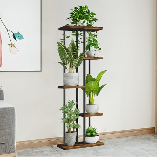 STEUGO Plant Stand Indoor Plant Stands Wood Outdoor Tiered Plant Shelf for Multiple Plants，5 Tier 6 Potted Indoor Plant Shelf ,Suitable for Garden Corner Balcony Living Room (Black)