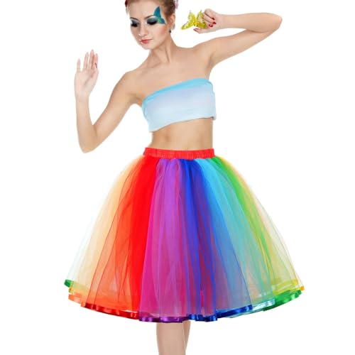 AUYAO Tüllrock Damen, 50er Regenbogen Tütü Tüllrock, Mehrschichtiger, Elastischer Taillen Tüllrocks für Erwachsene für Karneval, Halloween, Kostümparty, Mottoparty
