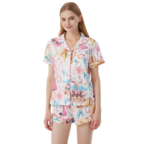Short Pajamas for Women Cute Print 2 Piece Pajama Set Short Sleeve Button Down Sleepwear Lapel Shirt Pj Short Set2