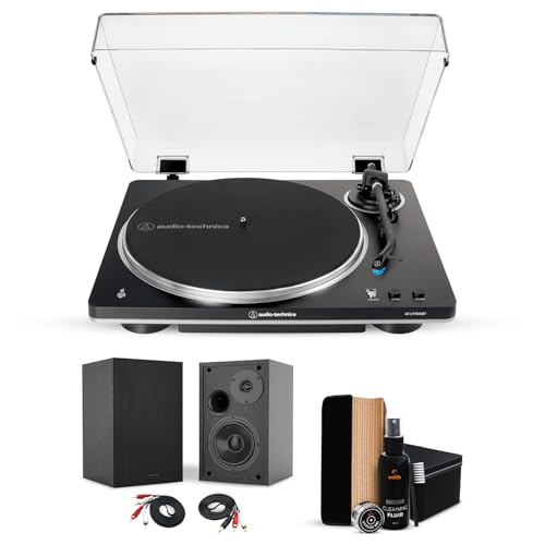 Audio-Technica AT-LP70XBT-BS Automatic Belt-Drive Turntable (Black/Silver) - Wireless Bluetooth Turntable with 4-Inch Deep Bass Powered Bookshelf Speakers (Pair) & Vinyl Record Cleaner Kit Bundle Set
