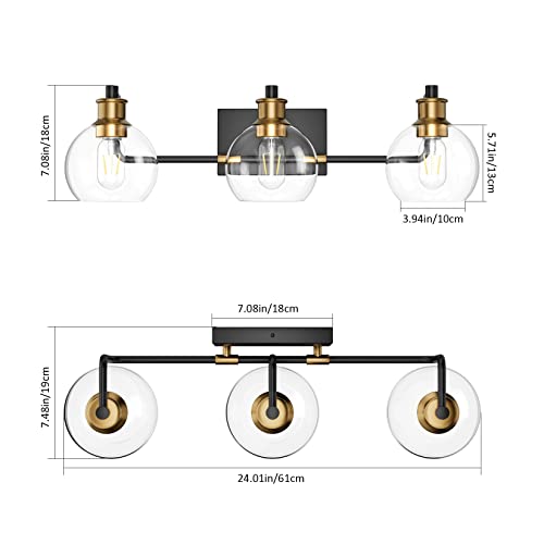 Tipace Black & Gold Vintage Bathroom Vanity Light Fixtures Over Mirror Glass Globe 3 Lights Industrial Vanity Lights Farmhouse Bath Lighting(Exclude Bulb) #TOP2
