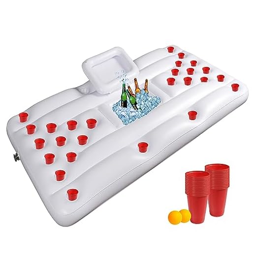 Bilisder Beer Pong Luftmatratze Aufblasbar Bierpong Luftmatratze Mit 28 Tassenlöchern, Aus Hochdichtem PVC für Schwimmbäder Strände Camping (Weiß)