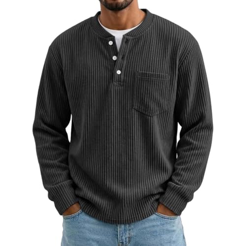 Mens Corduroy Shirt Henley Long Sleeve Button Down Pullover Shirts Pocket - image 4