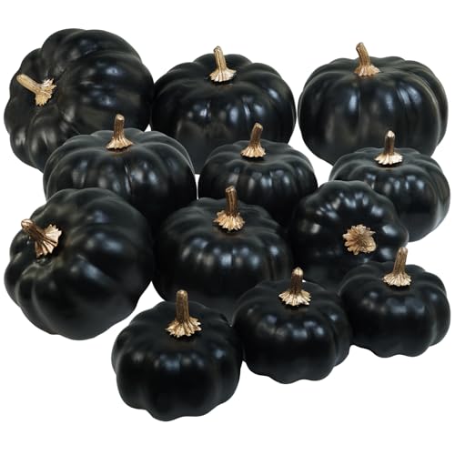 Winlyn 12 Pcs Assorted Small Artificial Black Round Pumpkins Faux Foam Pumpkins for Autumn Home Thanksgiving Halloween Party Table Centerpiece Mantel Shelf Decorations