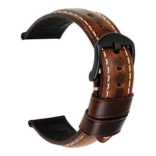 MAIKES Leather Strap Watch Band Vintage Oil Wax Watch Strap Watchband with Stainless Steel Buckle 18mm 19mm 20mm 21mm 22mm 23mm 24mm 26mm 5 Colors Available (Band Width 22mm, Dark Brown+Black Clasp) 