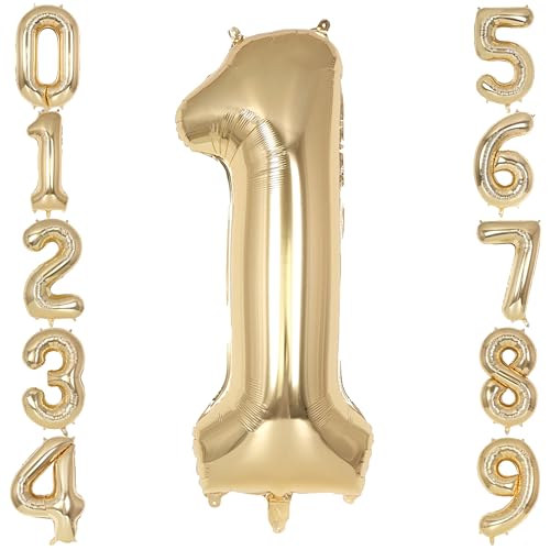 Image of Champagne Gold Large Number 1 Balloon, 40 Inch Light Gold Foil Helium Number Balloons, Giant Mylar Number 1 Balloons for 1st Years Old Birthday Party Anniversary Decorations