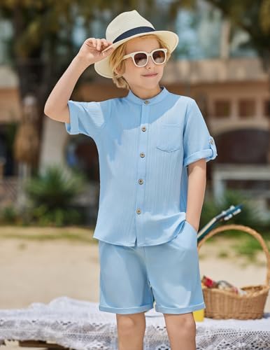 Image of Arshiner Boy's 2 Piece Beach Outfit Short Sleeve Textured Button Down Shirt and Short Sets Summer Vacation Wear 4-12 Years