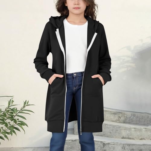 Girls Zip up Hoodie Long Hooded Sweatshirt Coat Fleece Solid Color Jackets with Pockets Fashion Fall Winter Clothes3