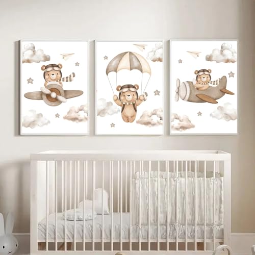 BeiYiHo 3 Affiche Ours Avion Deco Chambre Bébé Beige Tableau Chambre Bebe Garcon 30x40 Deco Ourson Chambre Bebe Poster Chambre Enfant Garcon Cadeau SANS CADRE