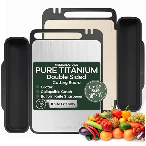 PURE-PREP Titanium Cutting Boards for Kitchen - Titanium Cutting Board Set for Kitchen Use - Metal Chopping Board with Collapsible Catch, Grater, Knife Sharpener, Double-Sided Design - Large 16”x11”