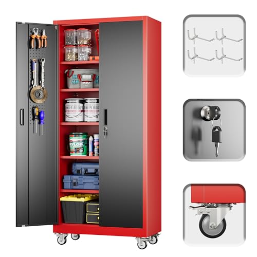 Image of 71 in Garage Storage Cabinet with Wheels, Black and Red