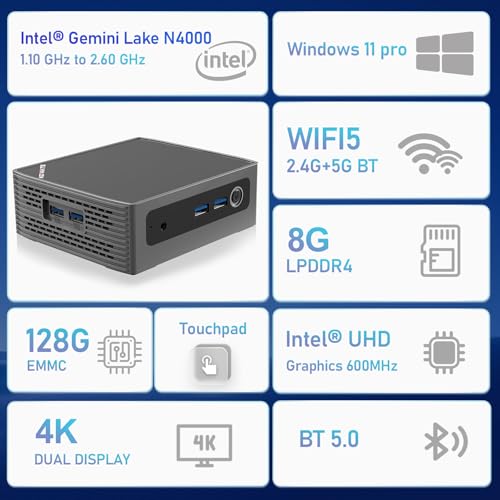 Image of KN1 Mini PC Touch PC Intel N4000(up to 2.6GHz),8GB LPDDR4 128GB eMMC,Support M.2 SSD Expansion (512GB /2TB),Support 4K Dual Display, 2.4G /5G WiFi,BT 5.0,USB 3.0,Mini Desktop Computer for Home /Office