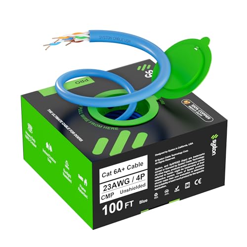 Syston Cable Technology Cat 6A+ Ethernet Network Cable, 750MHz 23AWG Solid Bare Copper Wire Outdoor/Indoor, No Ends 100/250/500/1000 Ft Available, Heat Resistant Plenum Rated (100 FT, CMP, Blue-CMP)