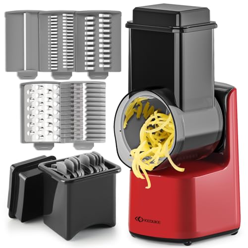 KEOUKE 5 IN 1 Electric Cheese Grater with Detachable Design - Cordless Rotary Vegetabale Cutter, 5 Interchangeable Blades (Slicing/Shredding/Grating) for Vegetables, Fruits & Cheese