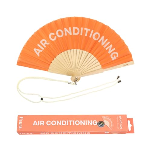 Fisura – Abanico original con mensaje “air conditioning”. Abanico de madera moderno y gracioso. Abanico naranja y blanco. Medidas: 42,5 x 23 cm. Madera y textil.